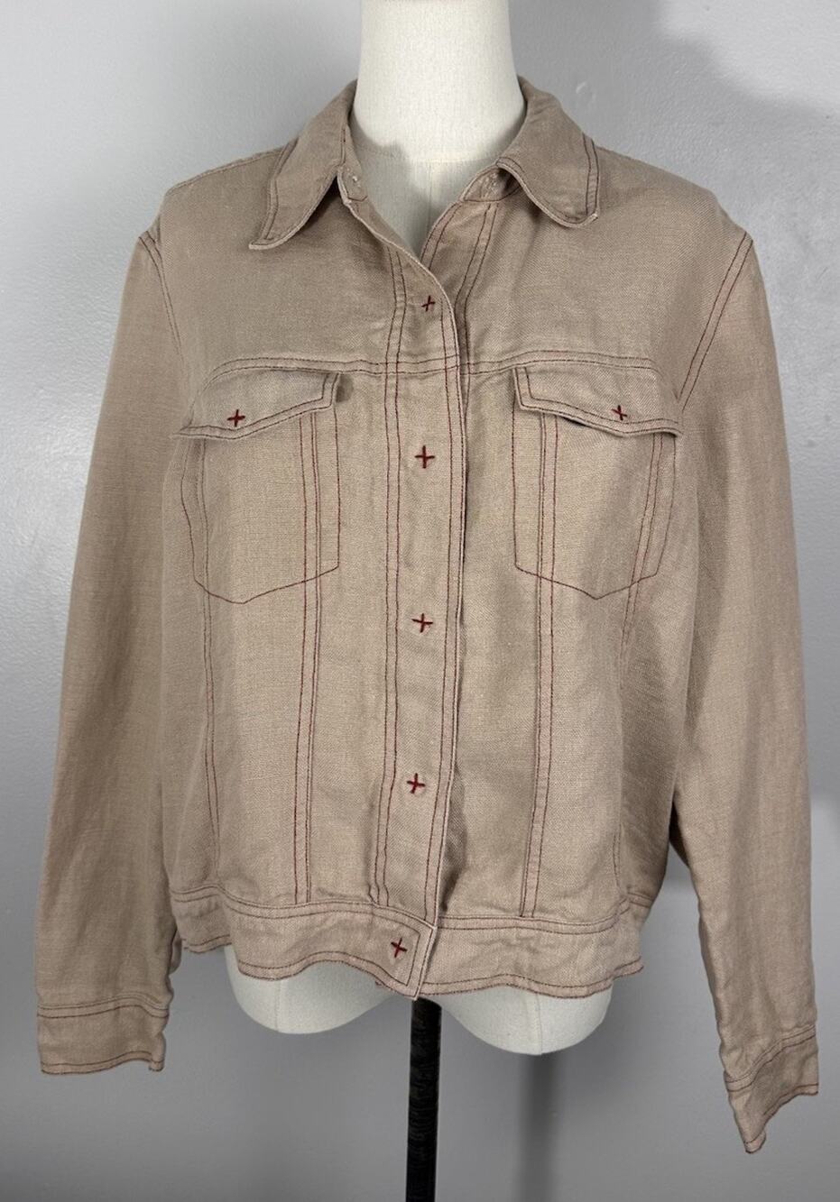 Monterey Bay 100% Linen Trucker Jacket M Tan Boho Coastal Cabin Core Shacket